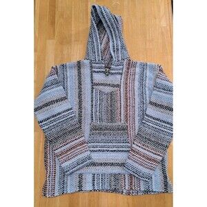 Vintage BAJA JOE Hippie Boho Mexican Surf Hooded Rug Pullover Poncho Size Large